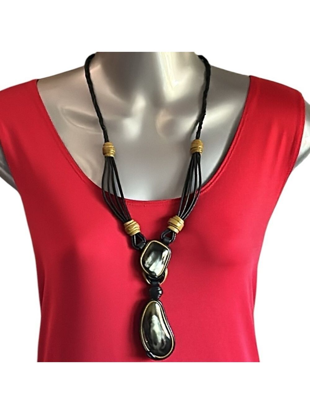 Braided Black Leather Adjustable Lanyard with Two Labradorite Healing Stones